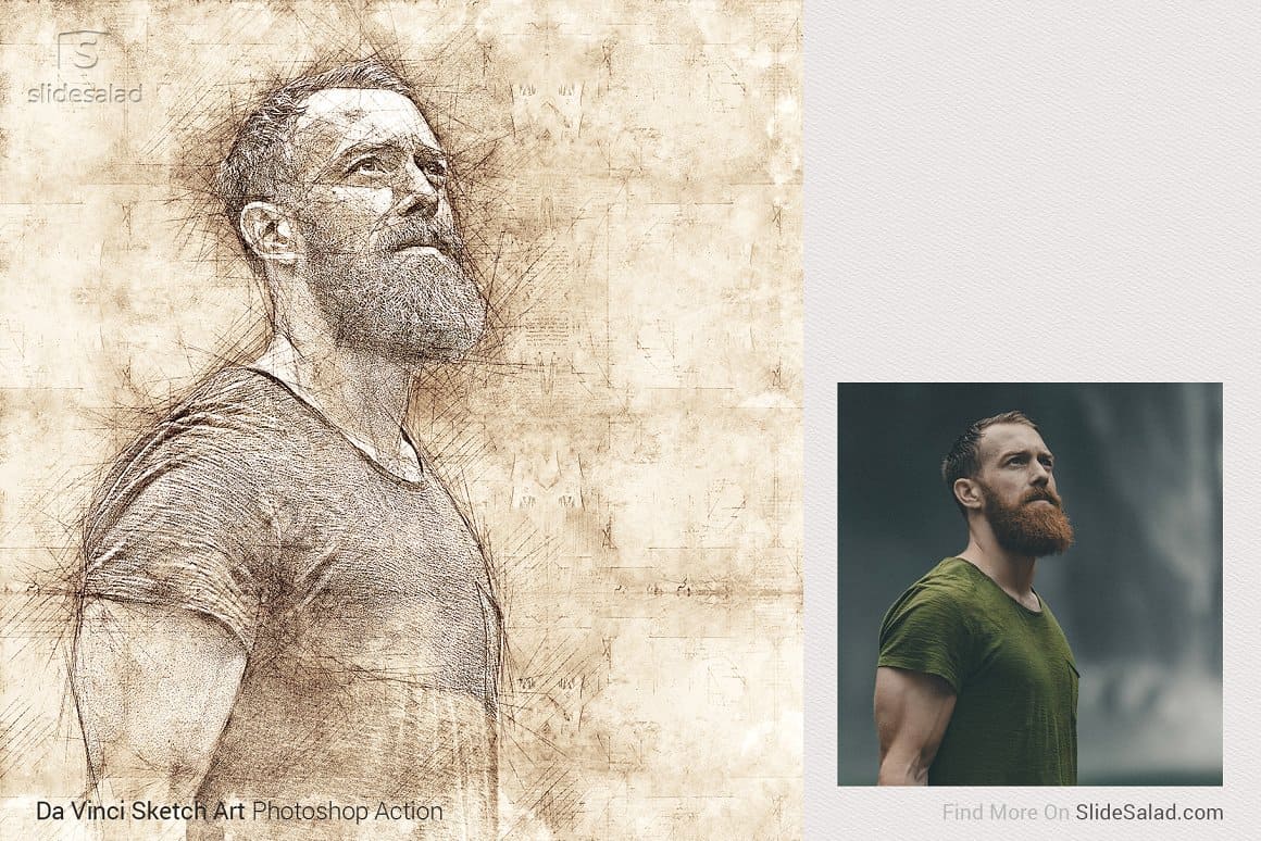 Image of a bearded man using Da Vinci Sketch Art Photoshop Action.
