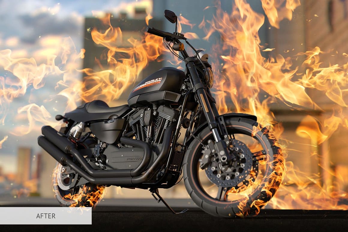 An image of a motorcycle amidst the flames of fire.