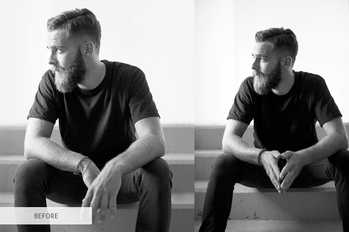 Two black and white images of a man with a long beard.