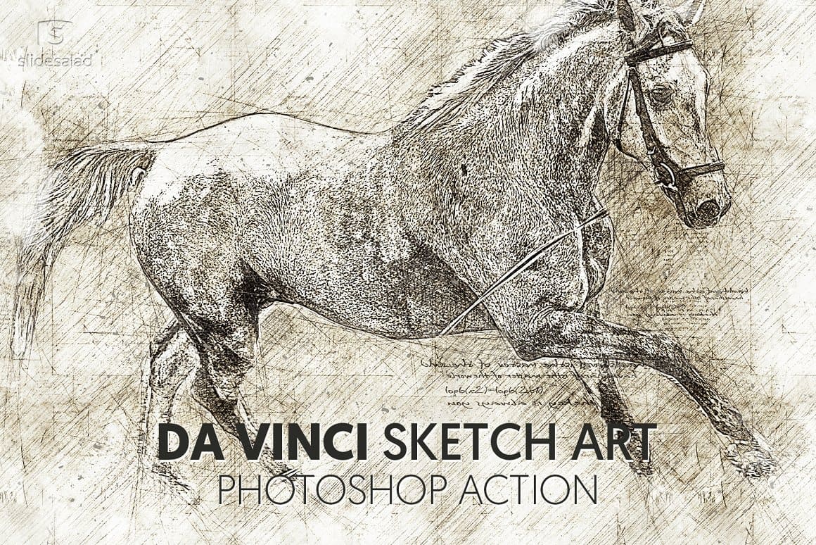 Image of a running horse using Da Vinci Sketch Art Photoshop Action.