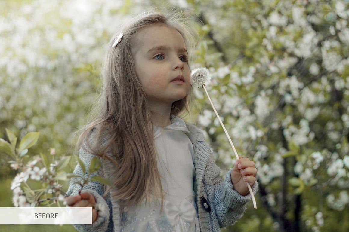 A girl is standing in the middle of a cherry orchard, holding a dandelion before processing with Matte Pro.