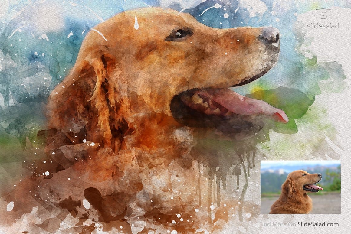 Watercolor illustration of a red-haired dog with a pink tongue.