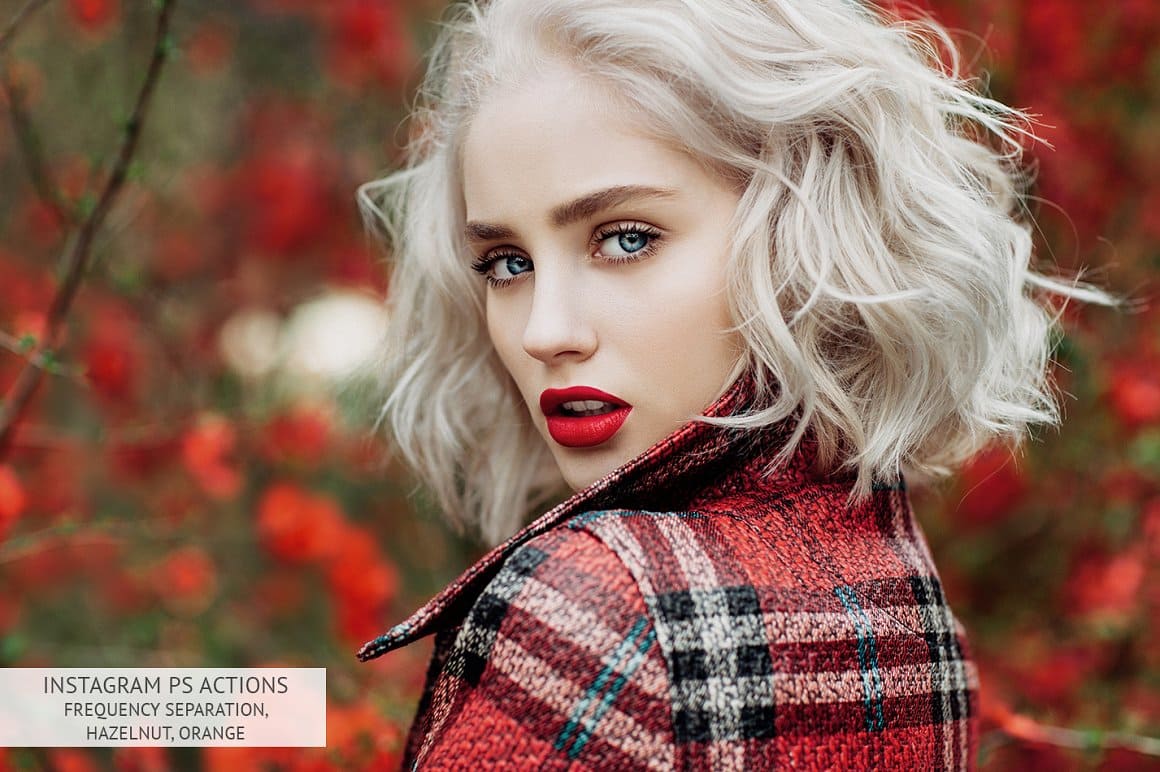 Bright red lips, blue eyes of the girl are shown in the Instagram photo.