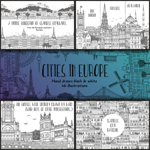 Preview cities in europe hand drawn set.