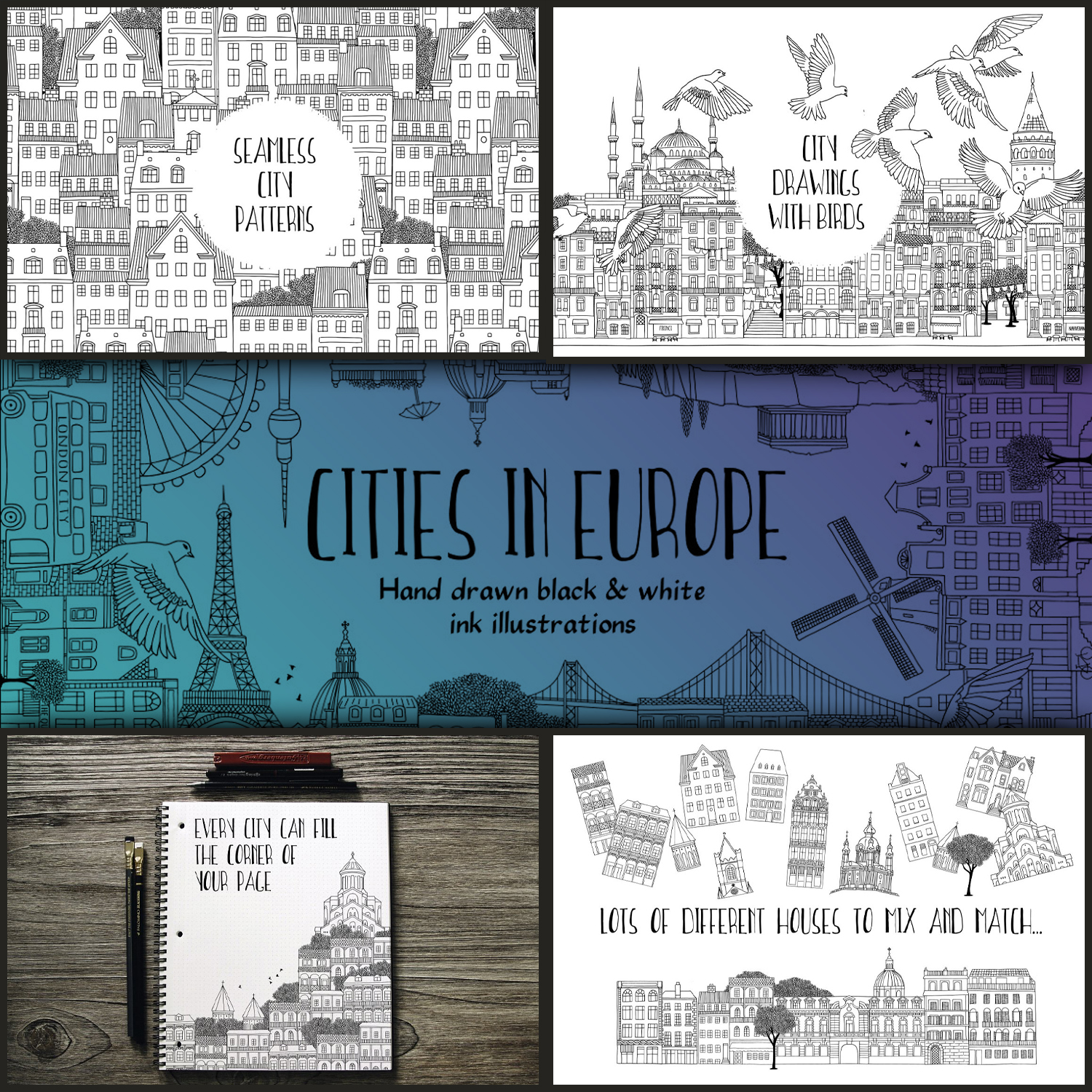 Images with cities in europe hand drawn set.