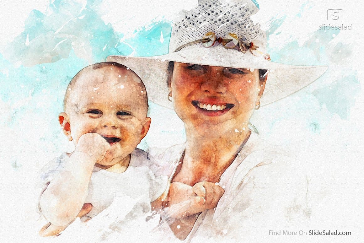 The child and mother are painted with watercolors on the background of the sea.