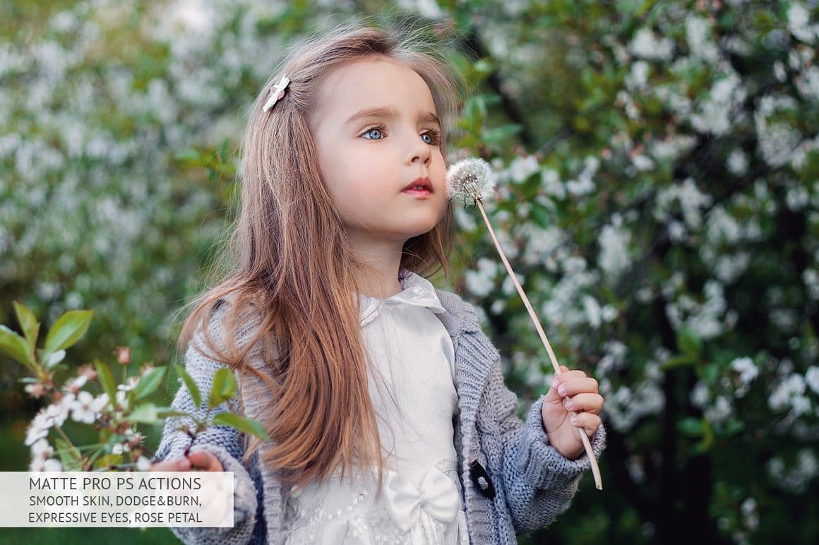A girl holds a dandelion flower after processing with Matte Pro.