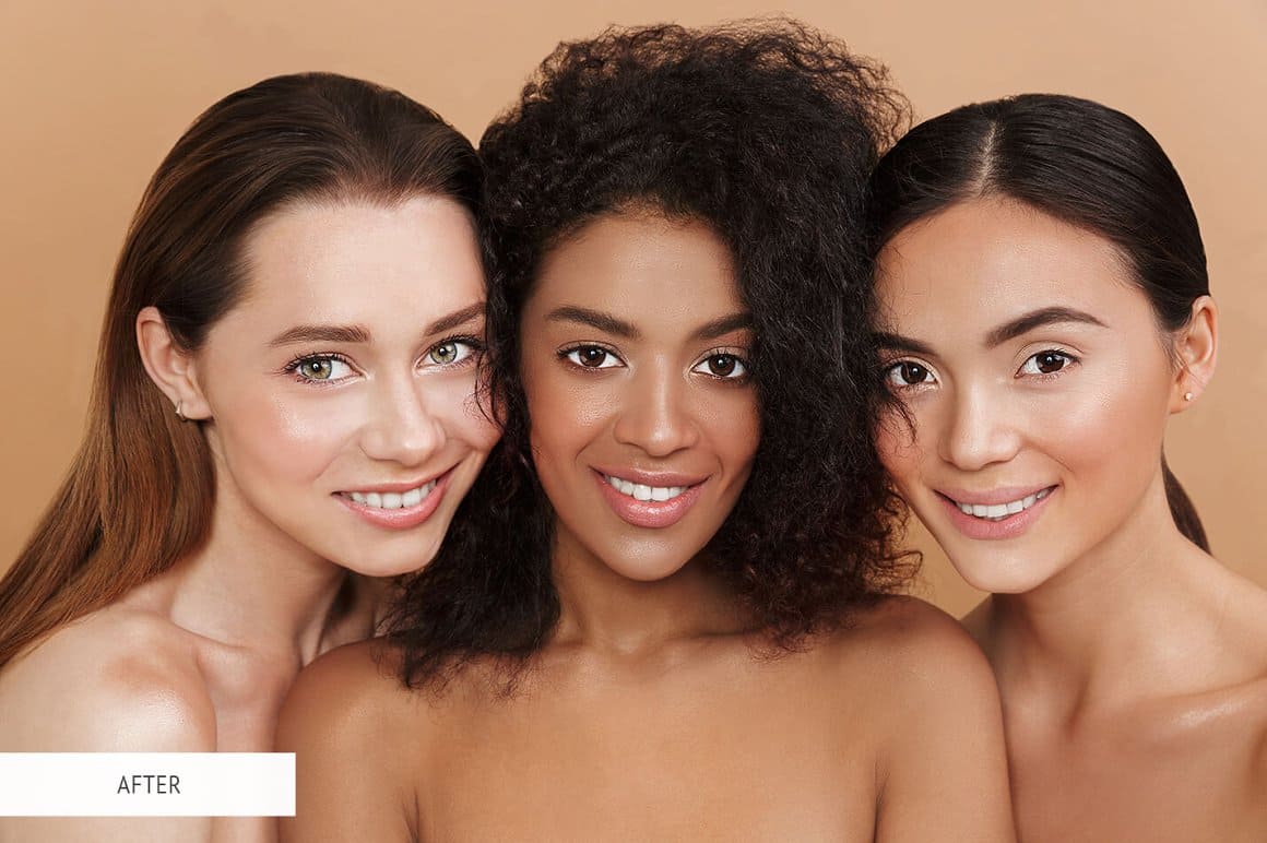 Three girlfriends with perfect skin on a beige background.