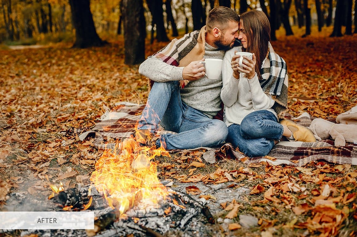 Image of a couple in love near a fire.