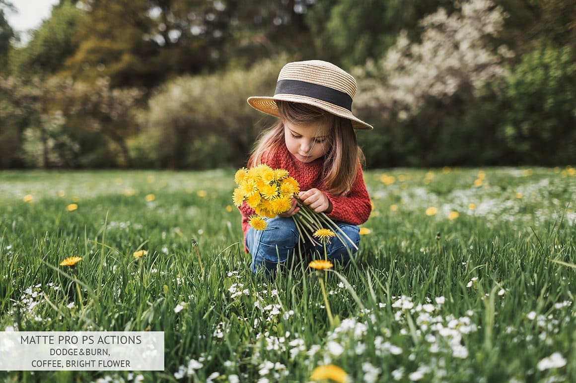 A girl in a straw hat collects dandelions after processing with Matte Pro.