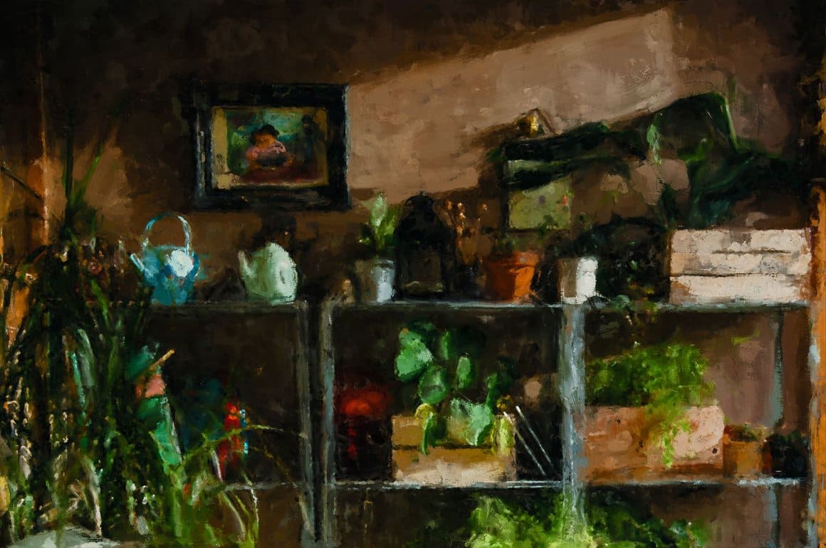 Image of part of the room with a shelf on which there are teapots and plants using Painted Photoshop Effect.