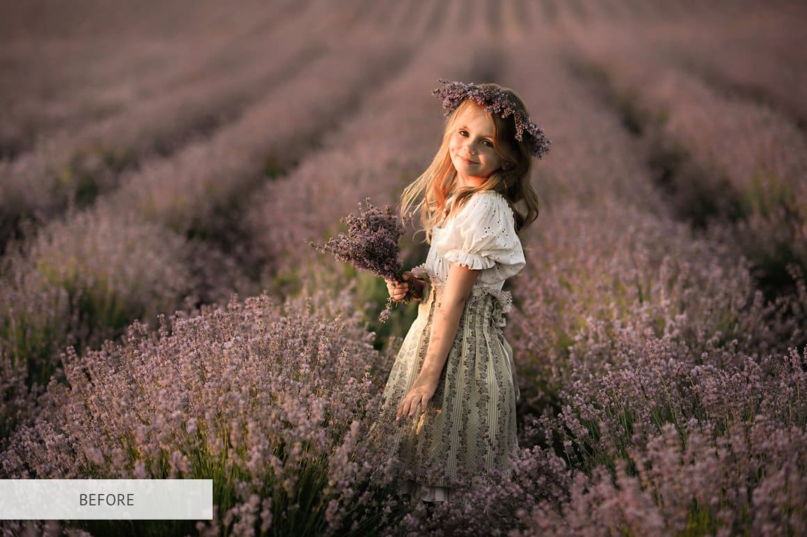 Girl in a lavender wreath on a lavender field for processing in Matte Pro.