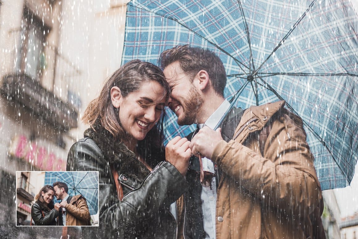 The image of a happy couple standing under an umbrella is processed in Rain Brushes for Photoshop.