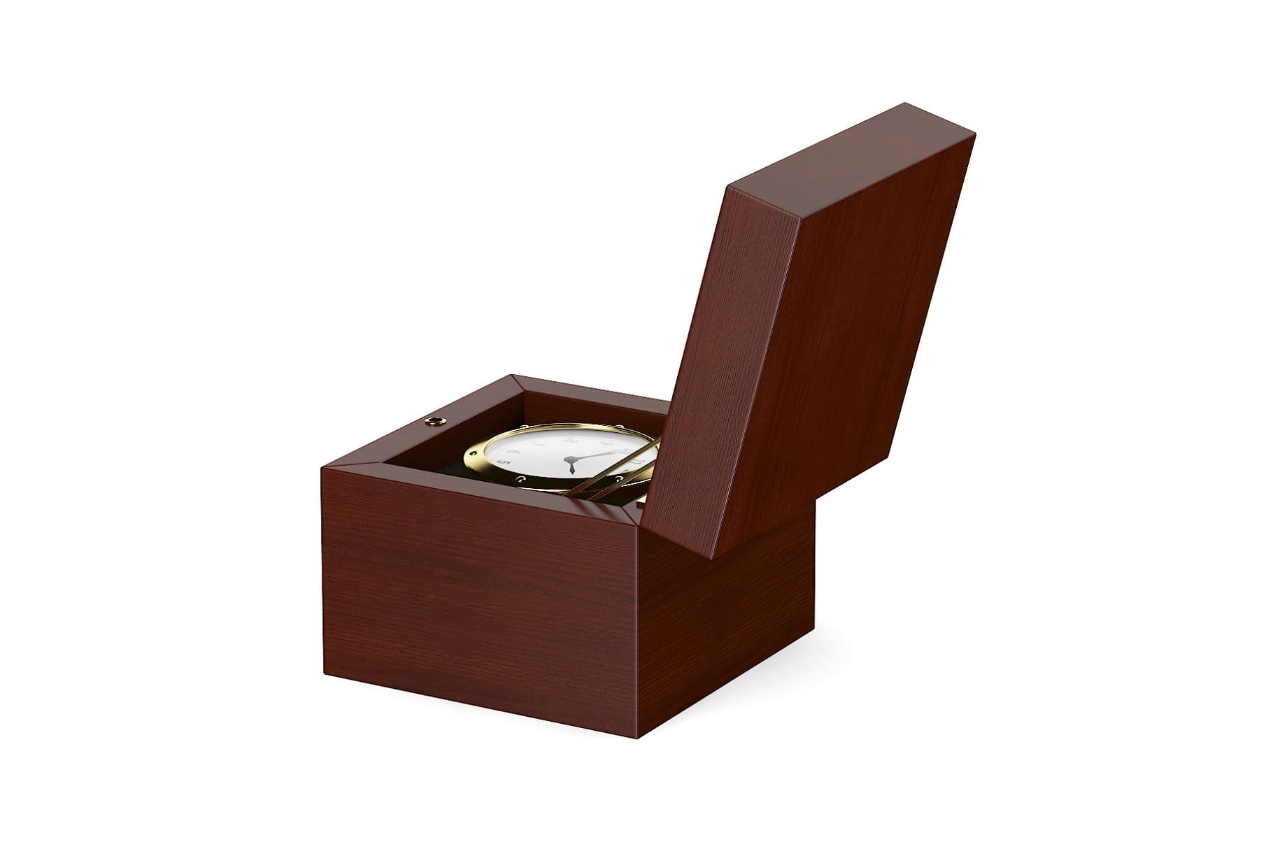 A box made of dark brown wood with a large gold watch in the middle.