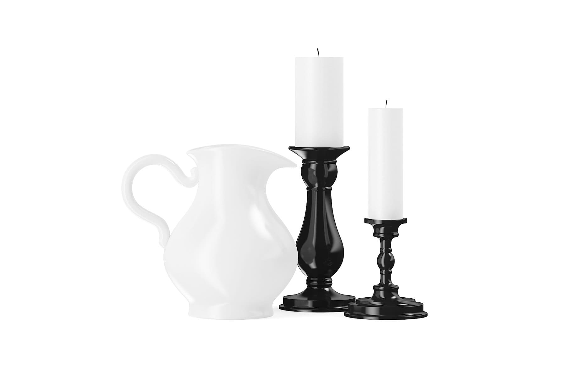 A white elegant mug and two white paraffin candles of different sizes.
