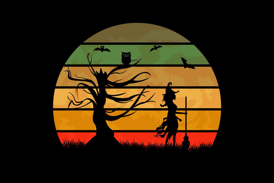 A colored moon, an old tree and a witch are drawn on a black background.