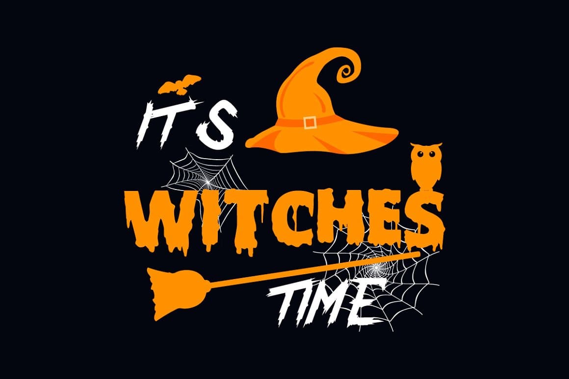 An orange broom and an orange witch's hat are depicted on a black background.