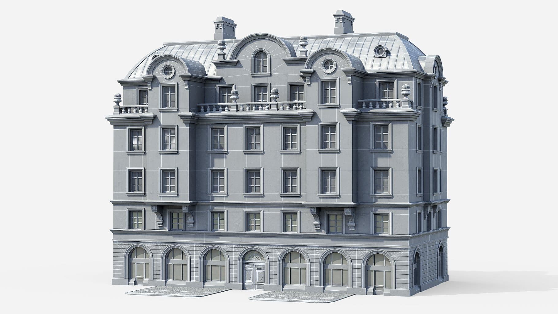 Gray model of a neoclassical hotel.