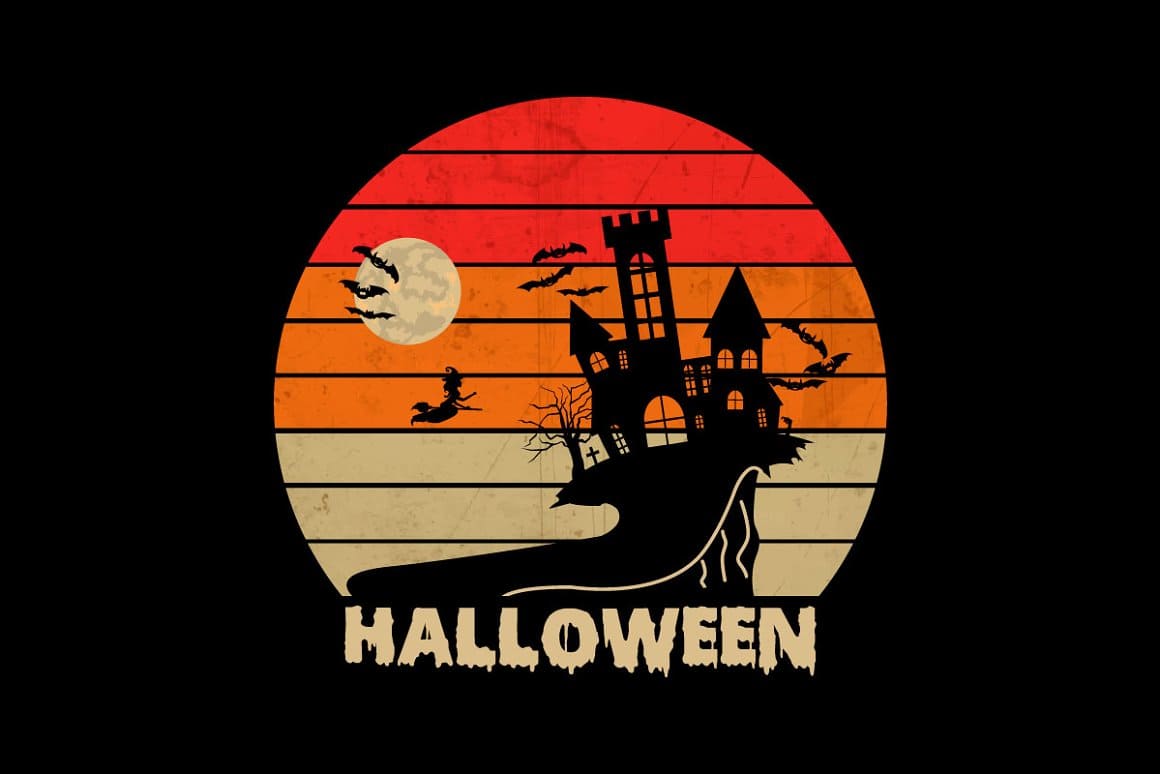 The moon consists of a beige, orange and red strip on which the road to the black scary house is drawn.