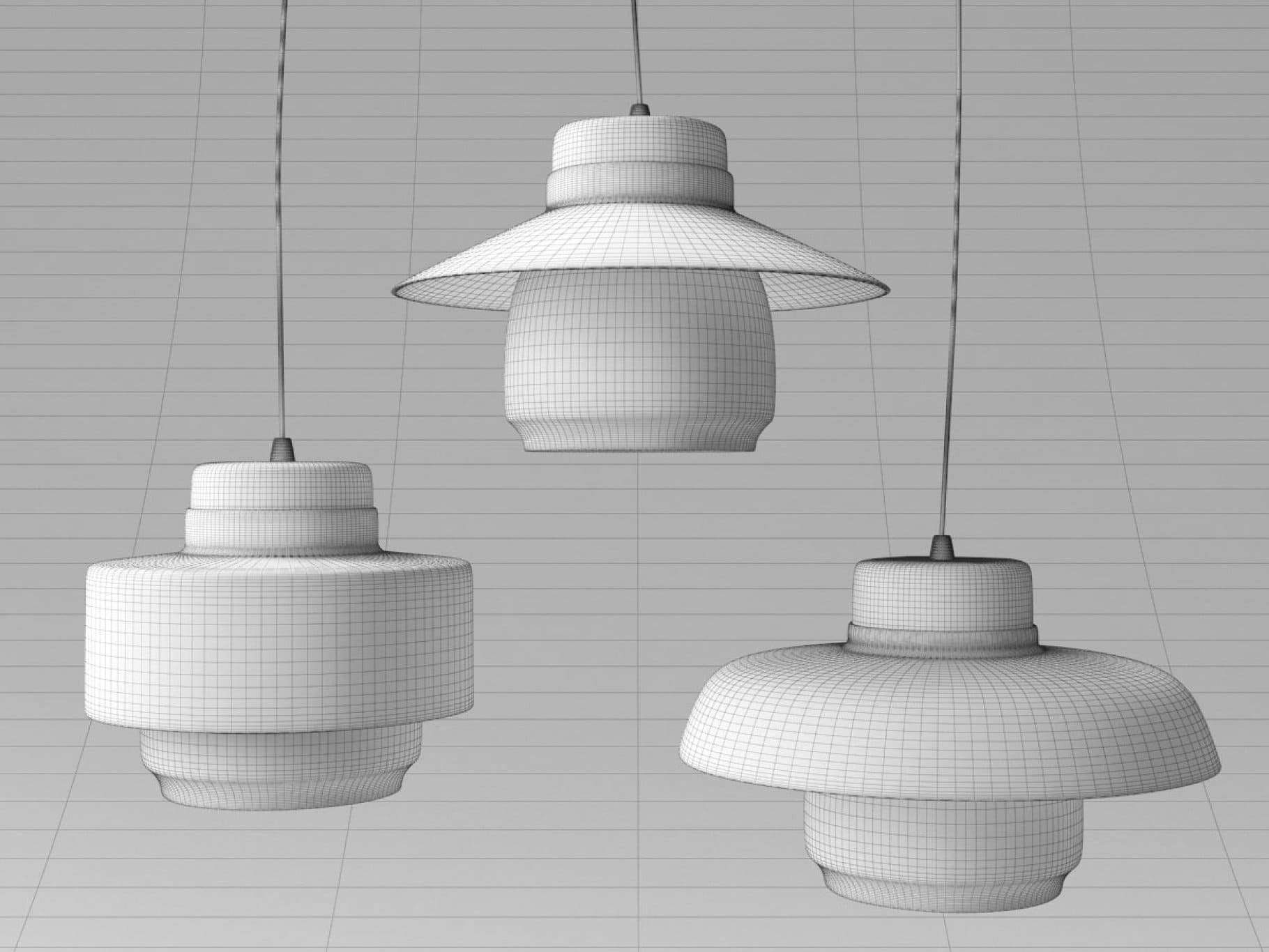 A set of three mesh black and white models of Lento lamps.
