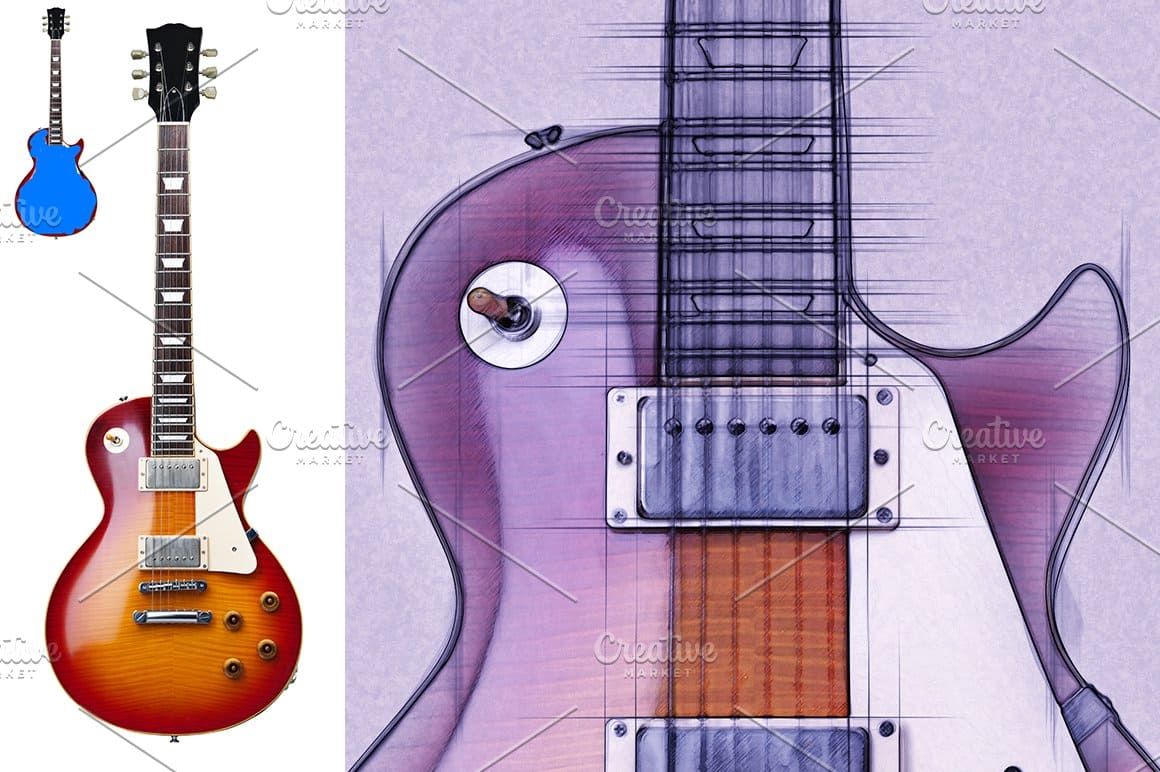 Drawings of colored guitars in detail.