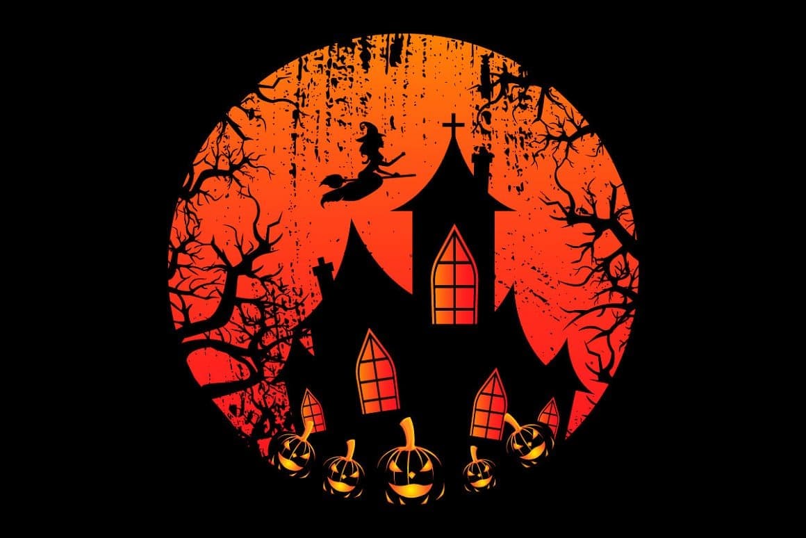 Halloween pumpkins and silhouettes of a witch and a black church are depicted on a black background below.
