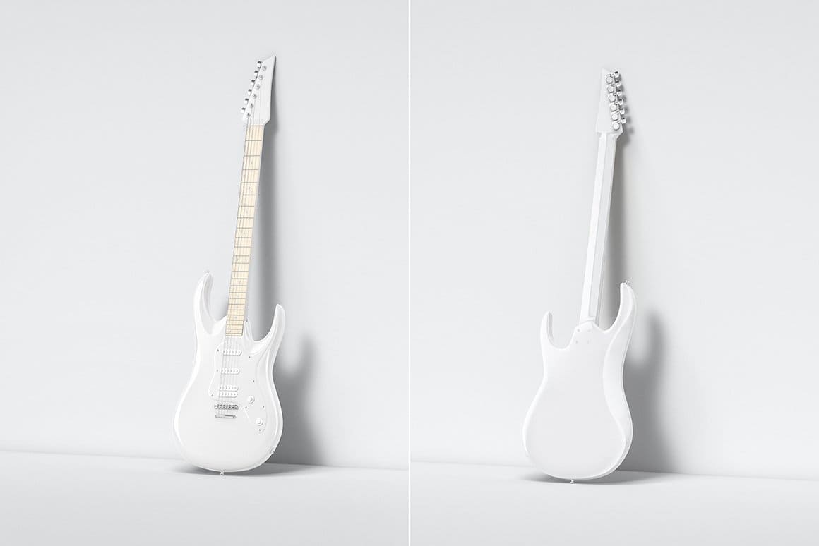 White electric guitars from the front and back on a white background.