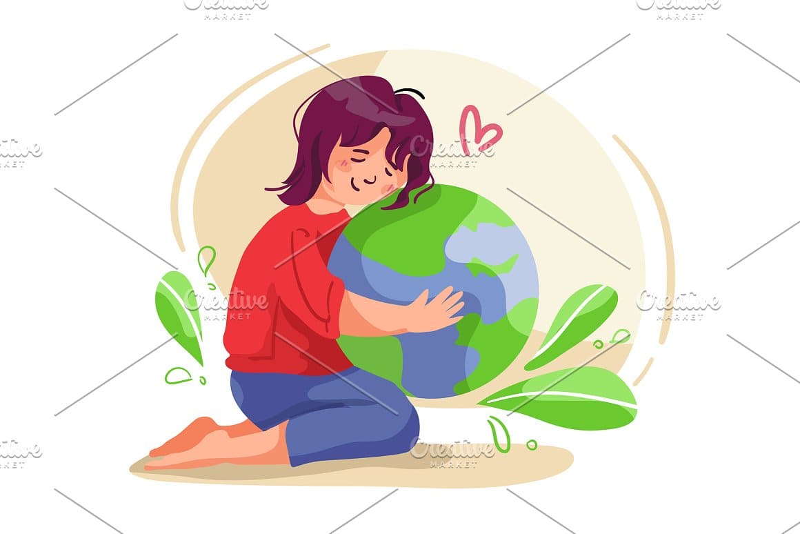 A picture of a girl hugging the planet Earth.