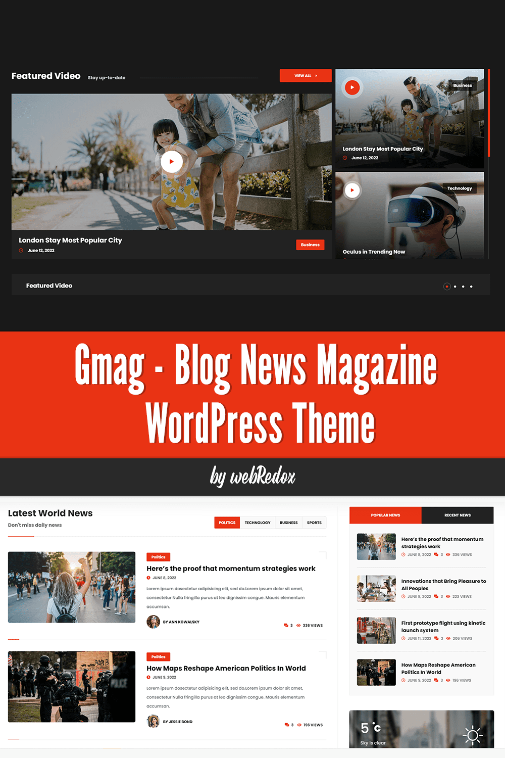 An article “London stay most popular city” on the Gmag WordPress theme.