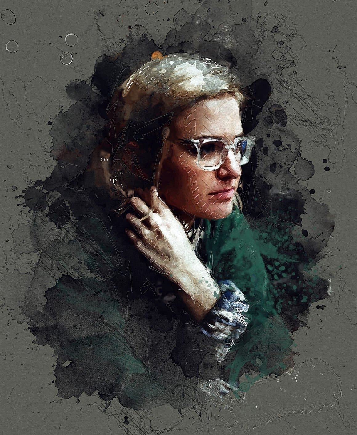 The image of a girl in a green jacket, with glasses on her eyes is painted with watercolors in Photoshop.
