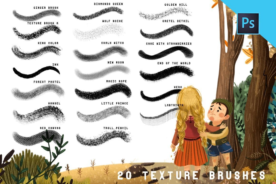 20 texture brushes: new moon, little prince, forest pastel and other.