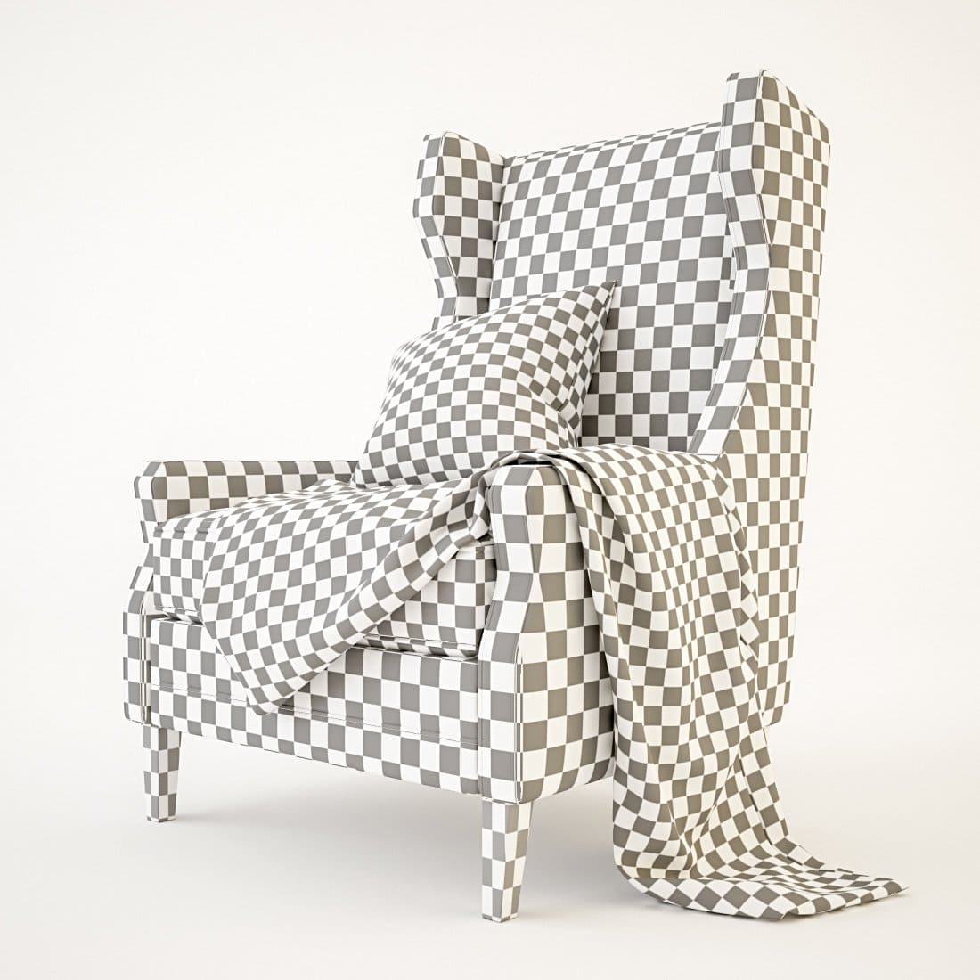 Rooma lucas checkerboard armchairs with a pillow and blanket with a similar pattern.