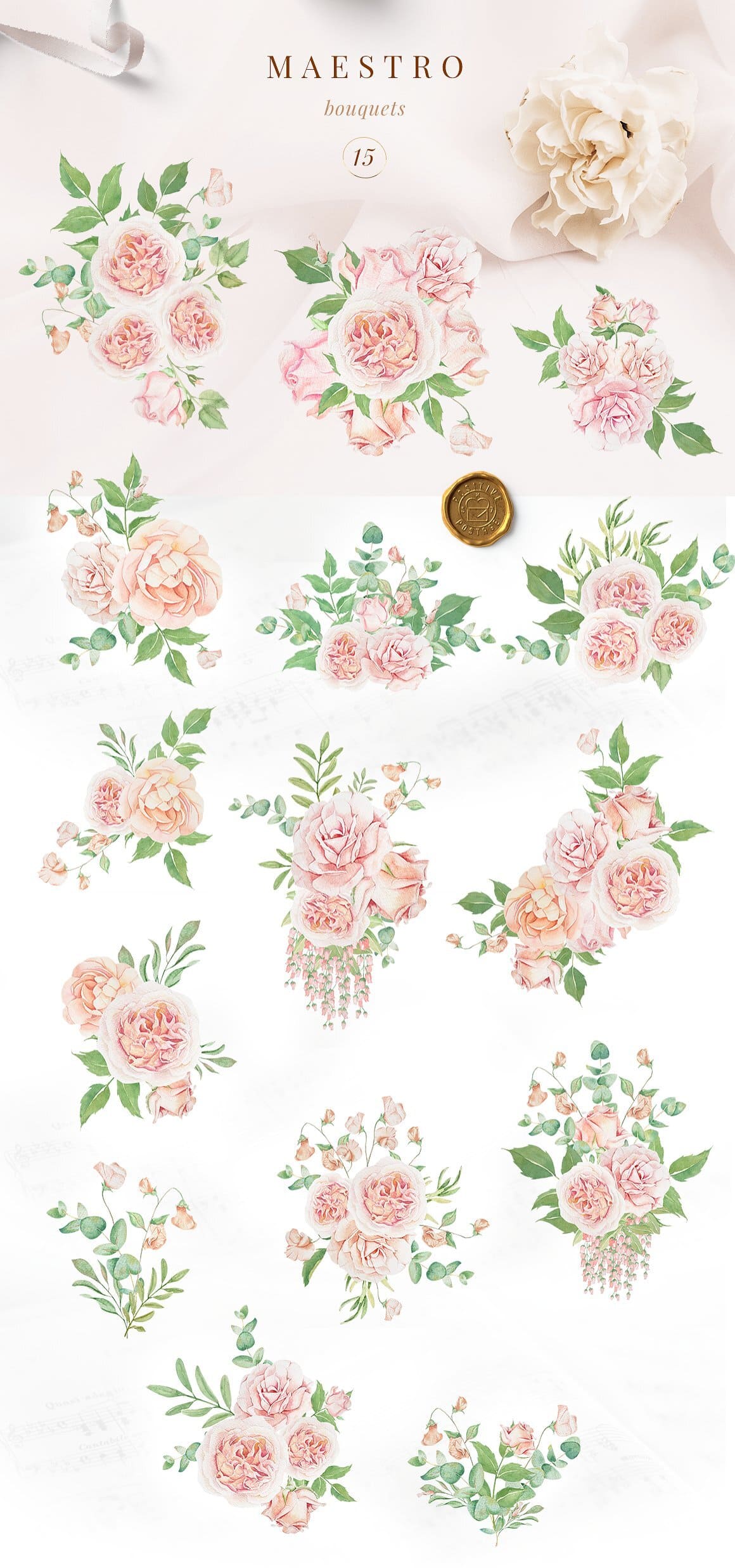 Bouquets of pink roses are drawn on a white background.