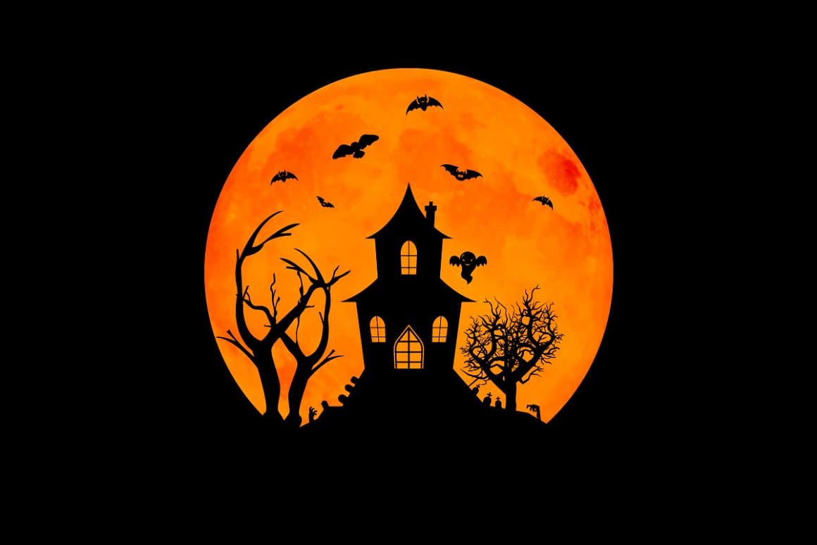 Black house, black trees, bats painted on an orange moon on a black background.