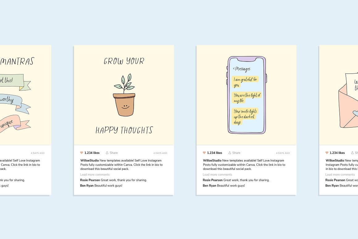 Inscription “Grow your happy thoughts” and the image of a plant in a pot on an Instagram poster.