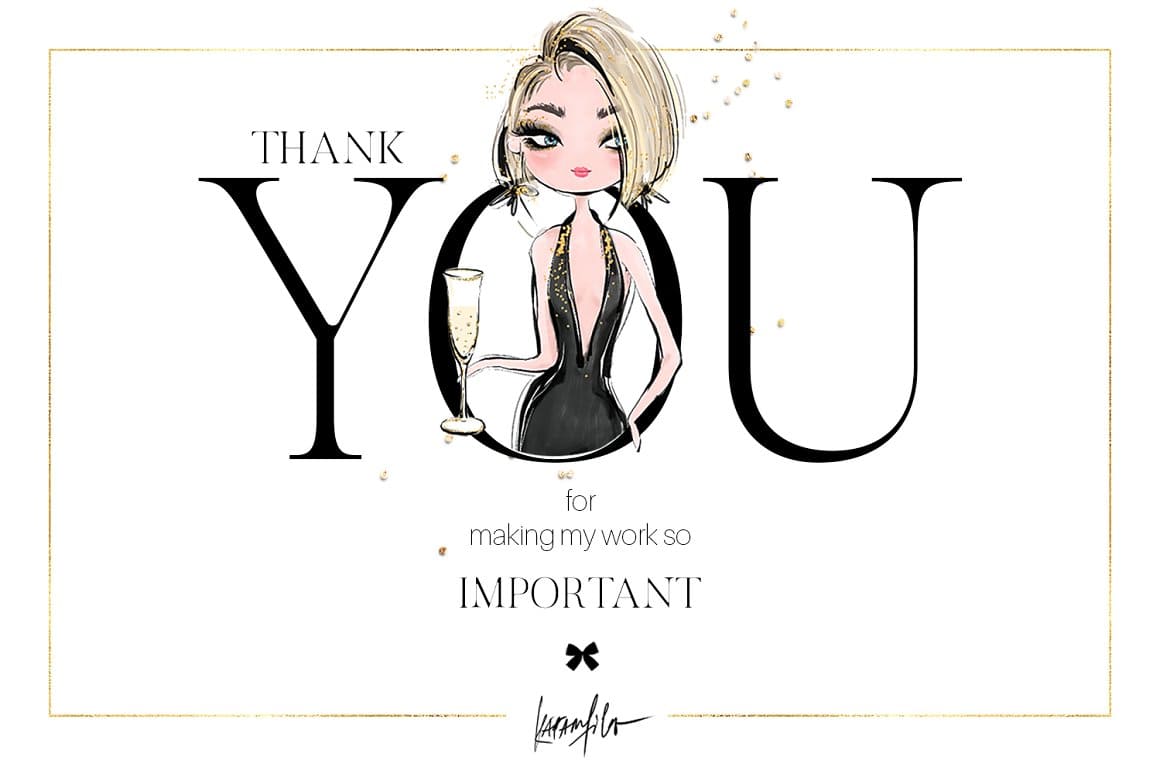 A slide with the inscription "Thank you" and an image of a girl holding a glass of champagne.