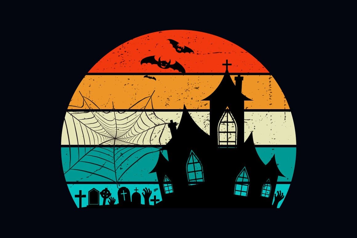 Horizontal colored stripes depicting a cemetery, a mysterious house and bats are drawn on a black rectangle.