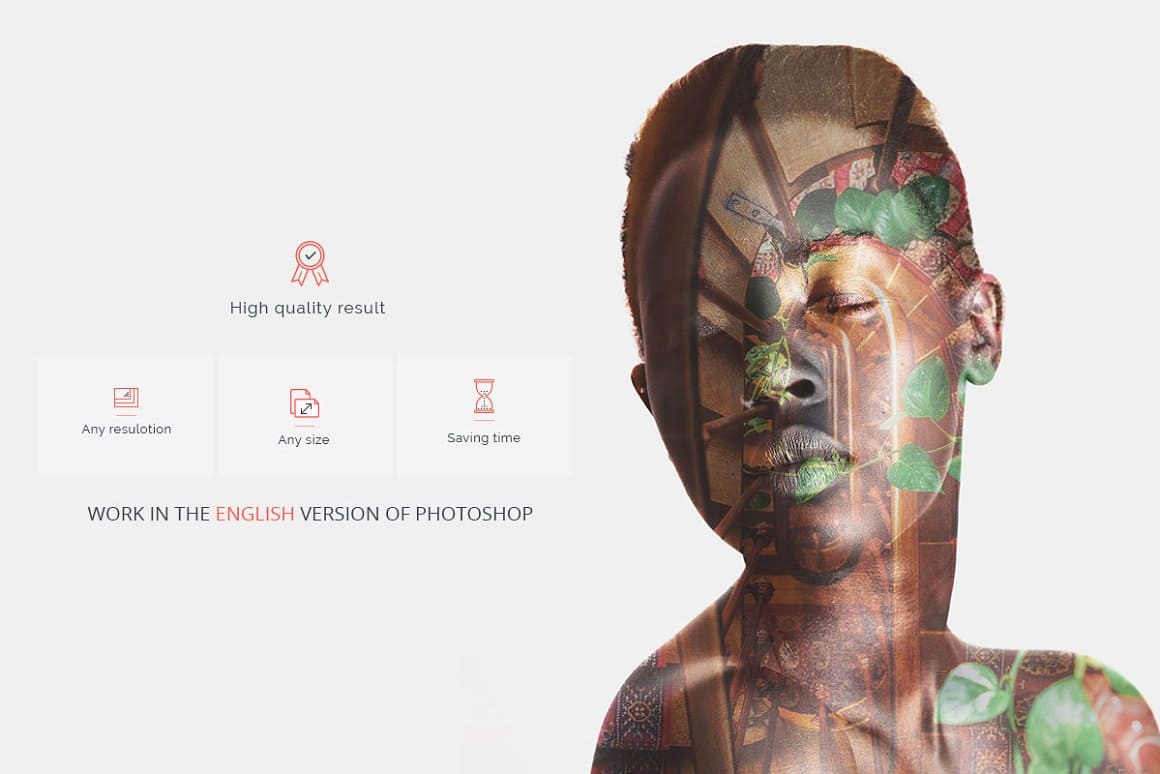 Stunning double exposure Photoshop action in high quality resulting work in the English version of Photoshop.
