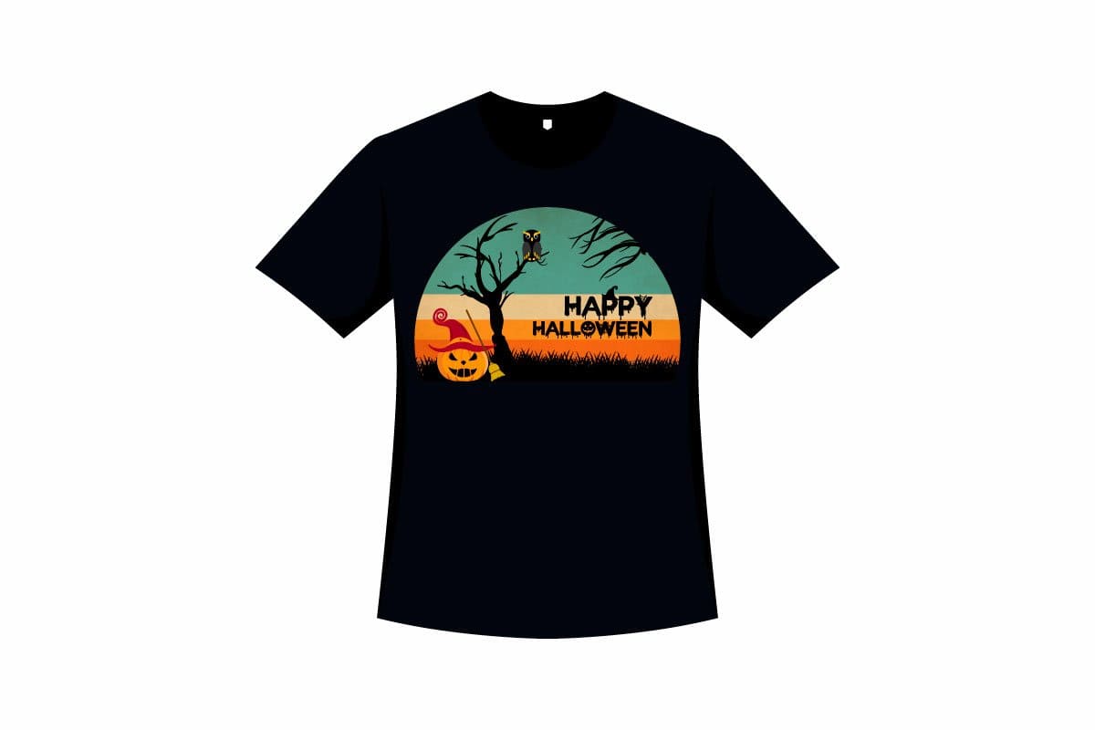Black t-shirt with a picture of Halloween elements and a Happy Halloween wish.