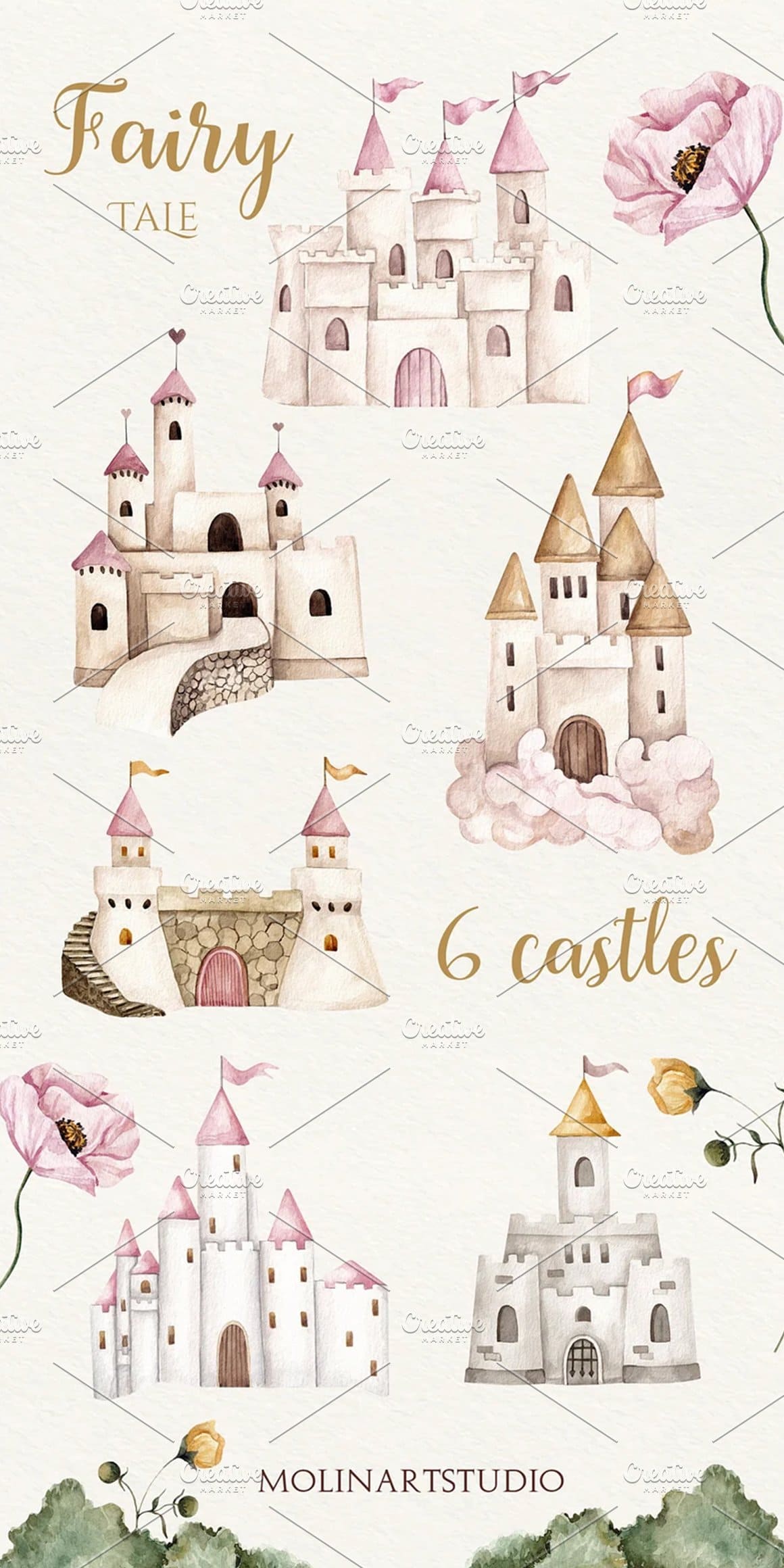 6 princess castles with flags of different shapes from a fairy tale.