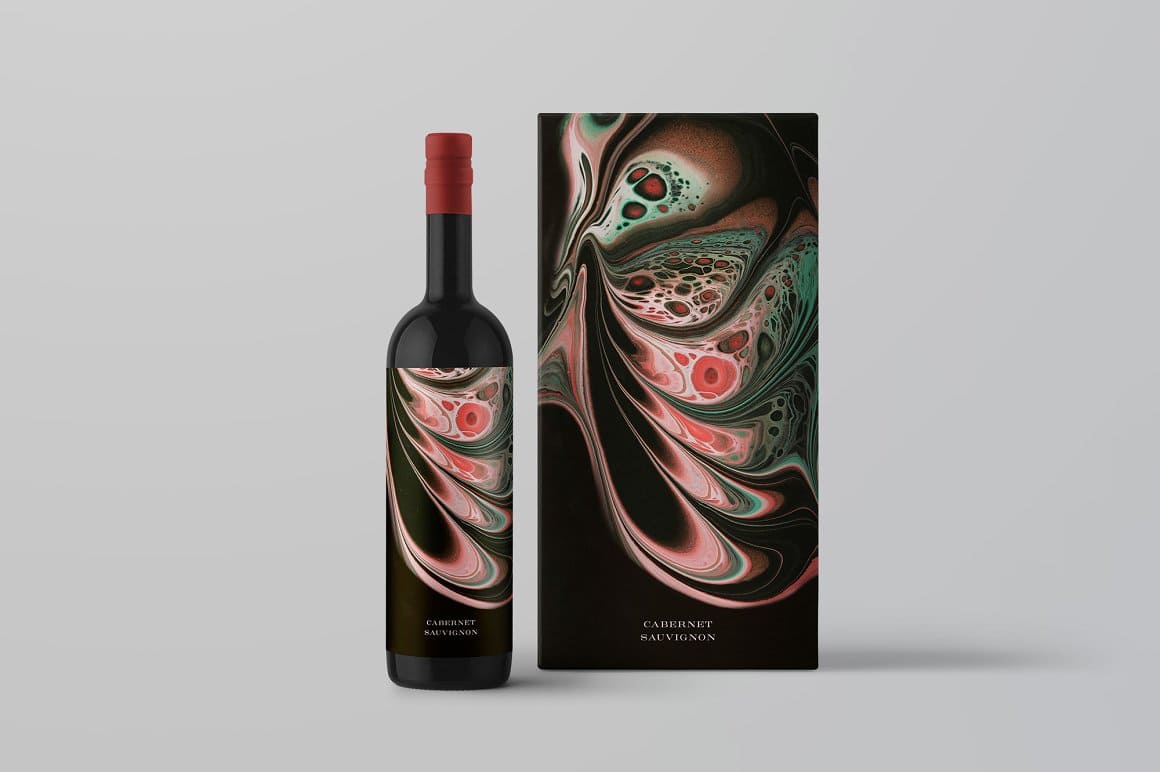 Cabernet Sauvignon wine label image using Viscosity fluid acrylic paint textures.