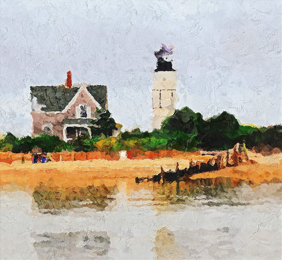 An image of a reservoir, a house and some kind of tower with Palette Knife Photoshop Action.