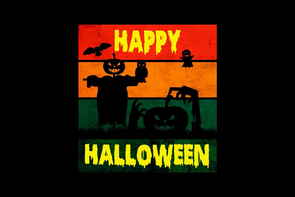 A black scarecrow and black pumpkins are drawn on a black background on three colored stripes.