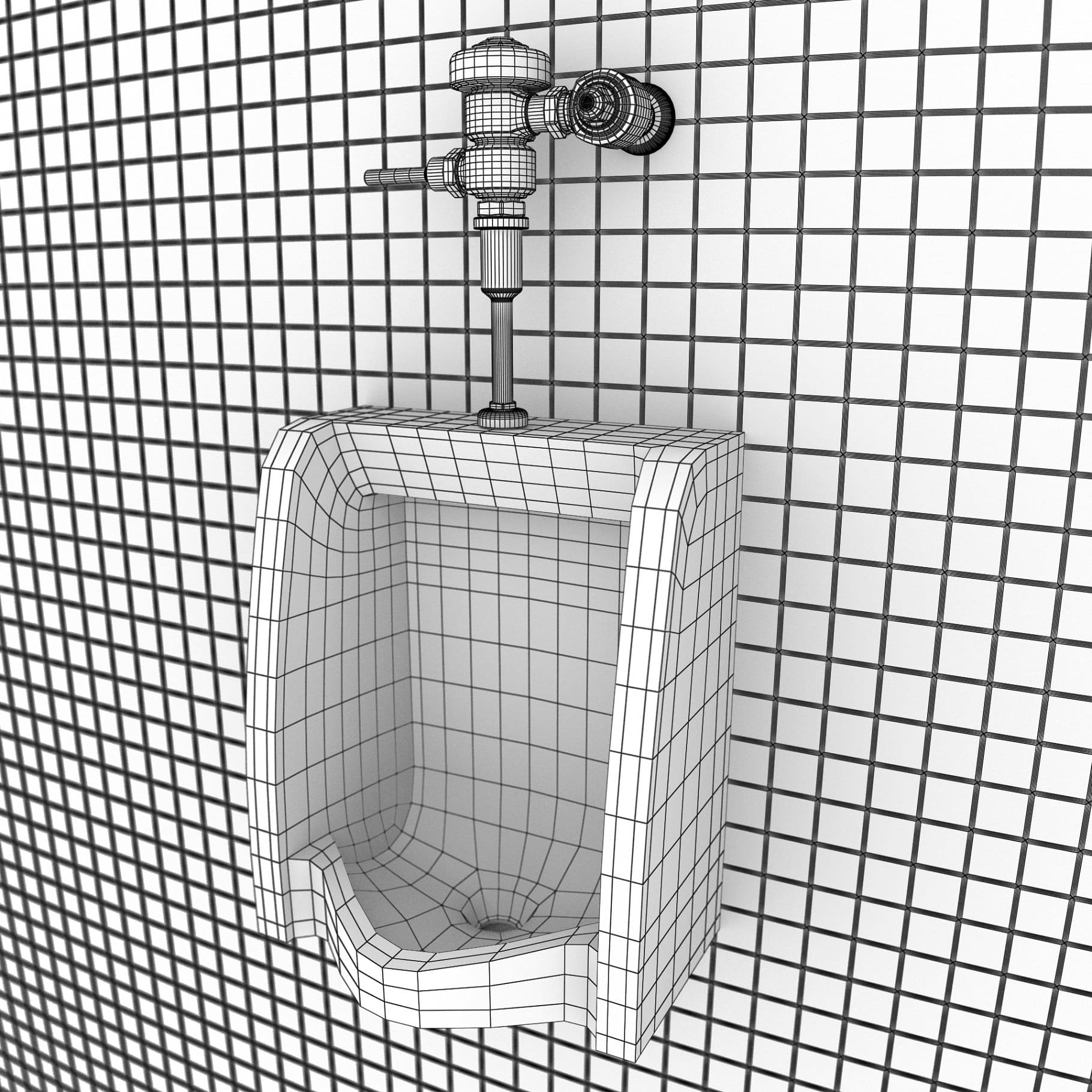 The 3D model of the urinal is drawn with the help of intersecting black lines.