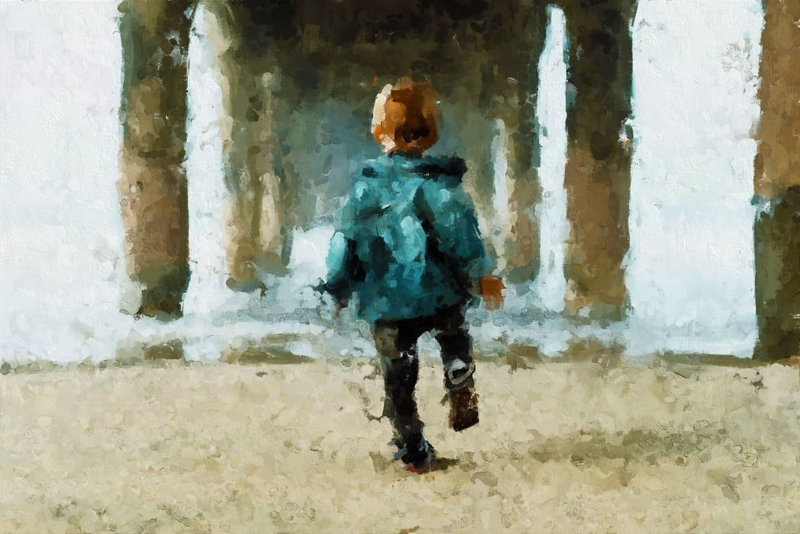 A color drawing of a boy walking in a blue jacket under a bridge.