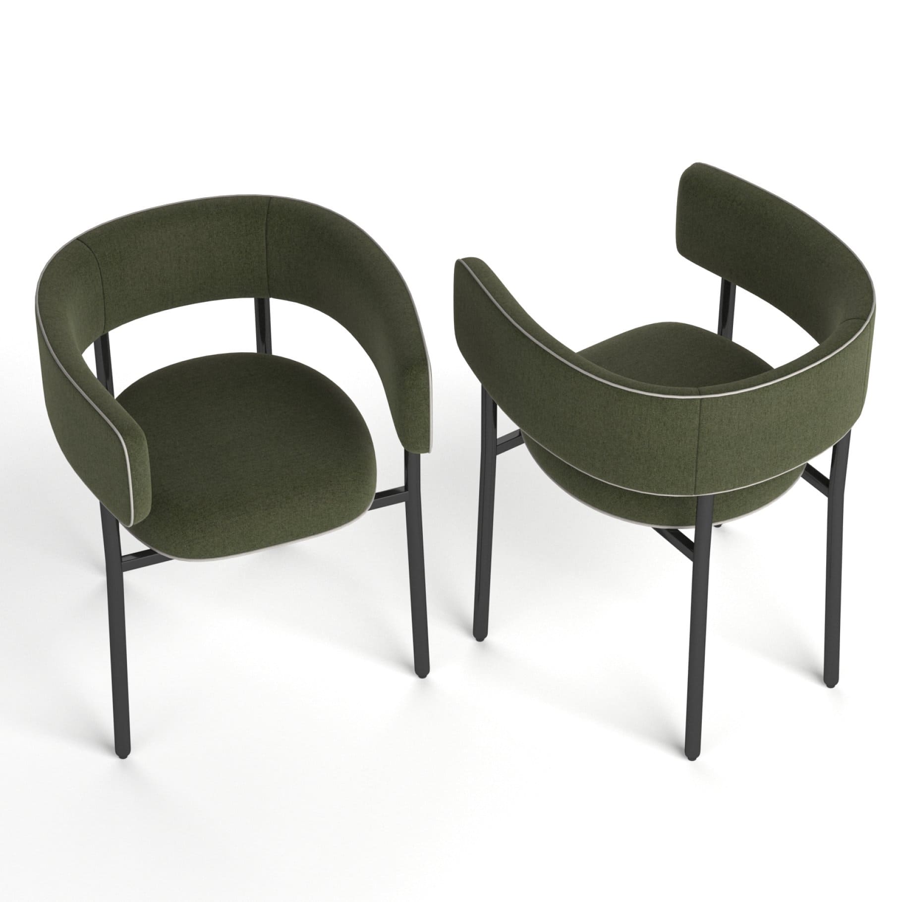 A chair with black legs and dark green upholstery.