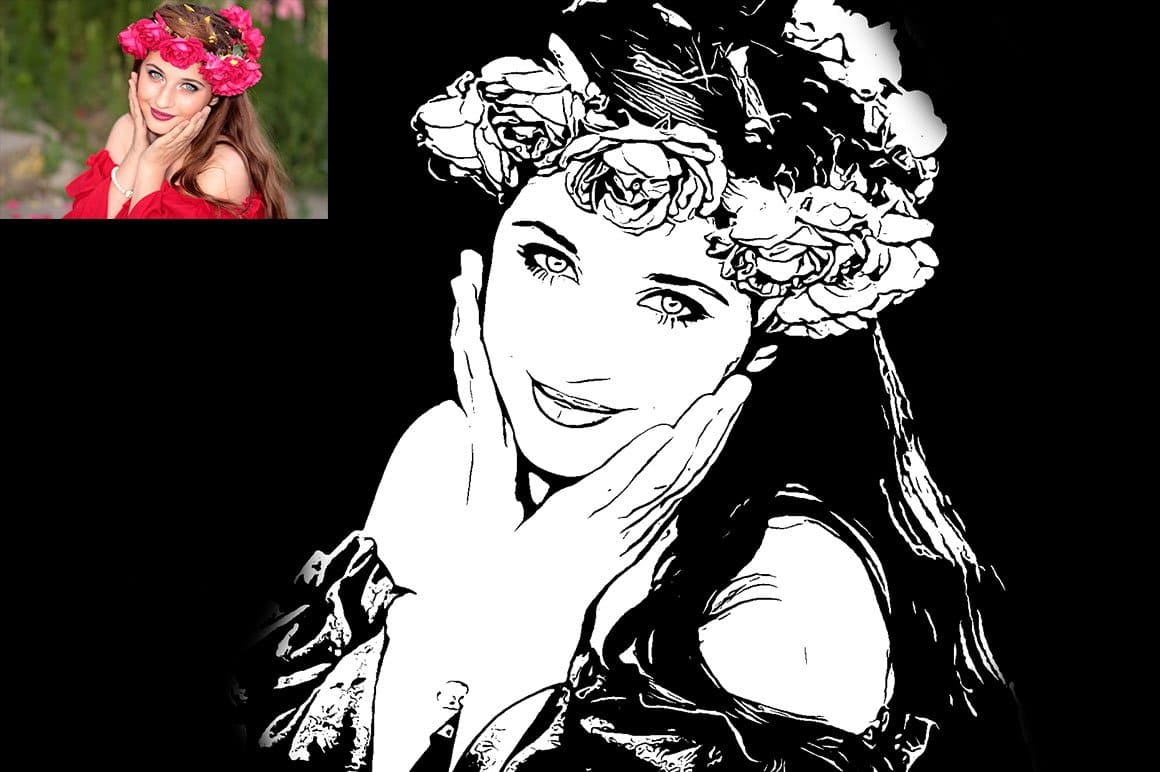 Image of a girl in a wreath of roses in black and white colors.