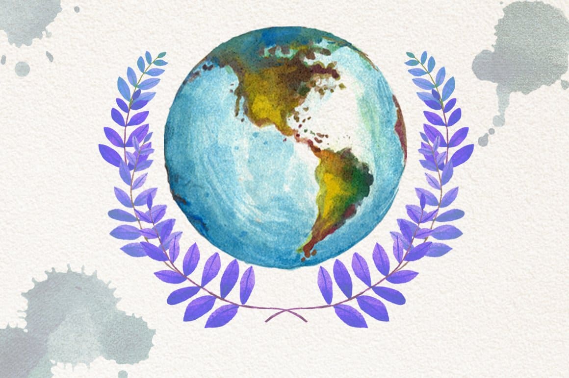 A watercolor image of the planet Earth is decorated with two purple decorative twigs.