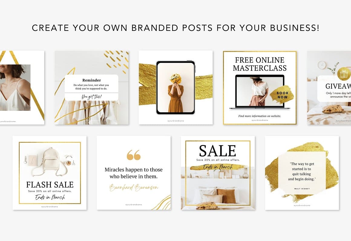 Create your own branded posts for your business with 225 Gold Instagram post pack.