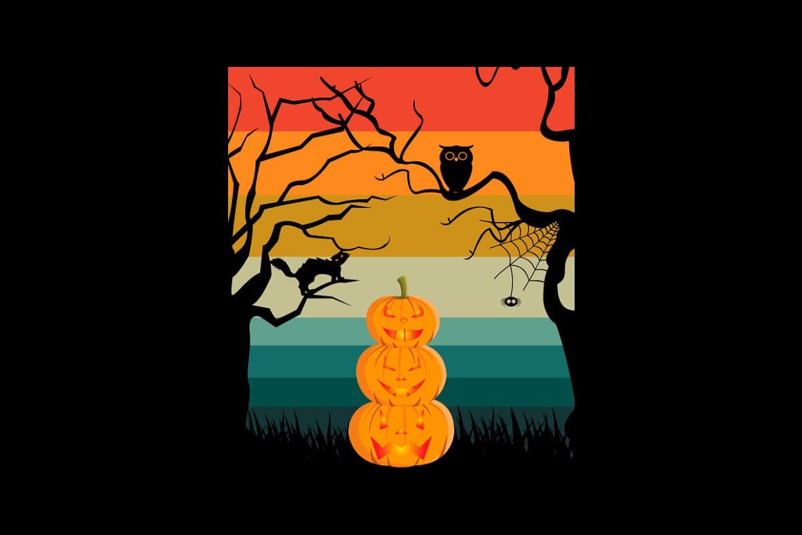 Four orange pumpkins and black scary trees are depicted on a black background.